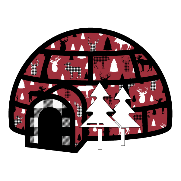 Image of an igloo with buffalo plaid, deer and trees.