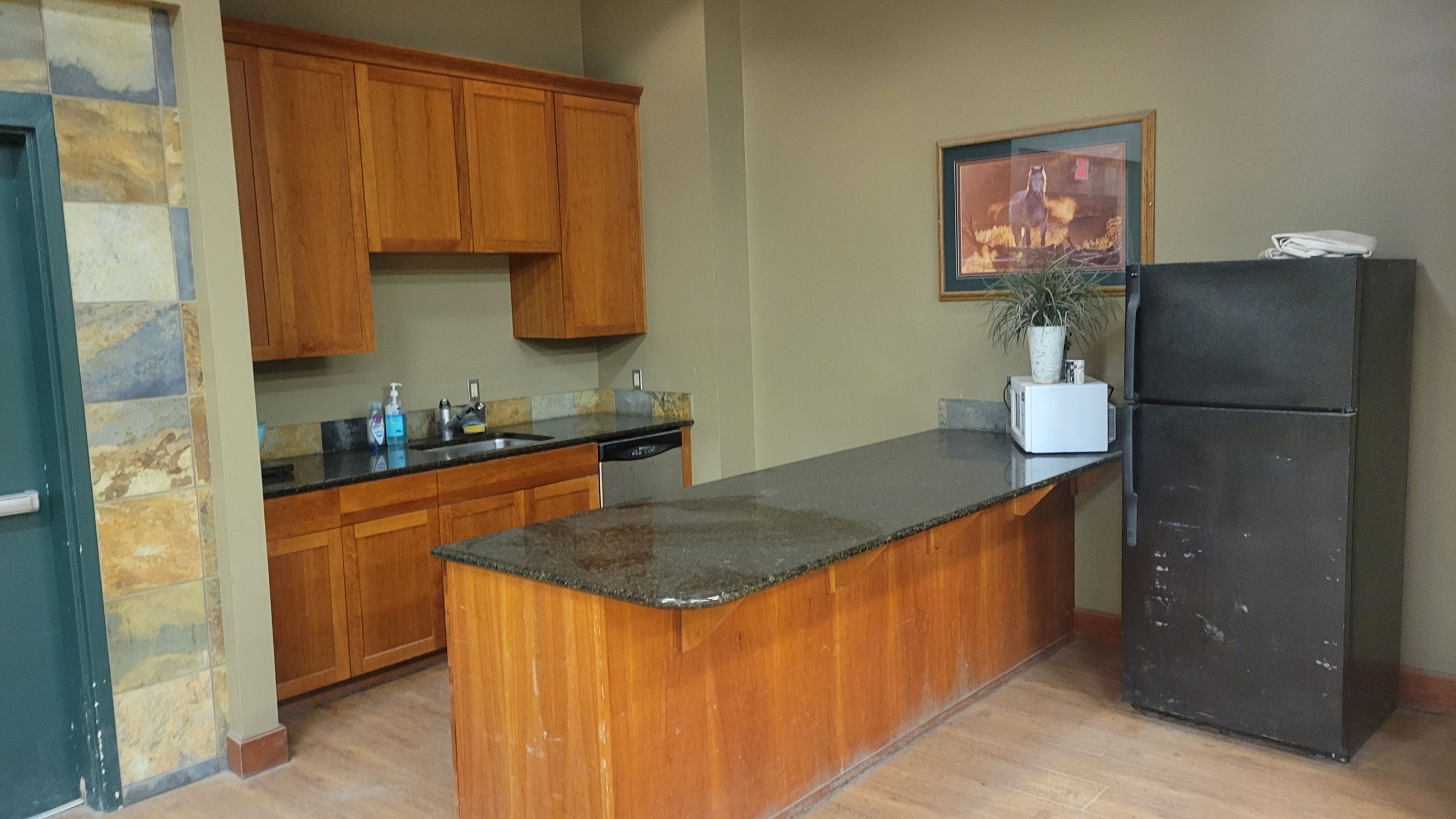 Clubroom Studio Kitchen with stone countertops, refrigerator, microwave, dishwasher, and sink