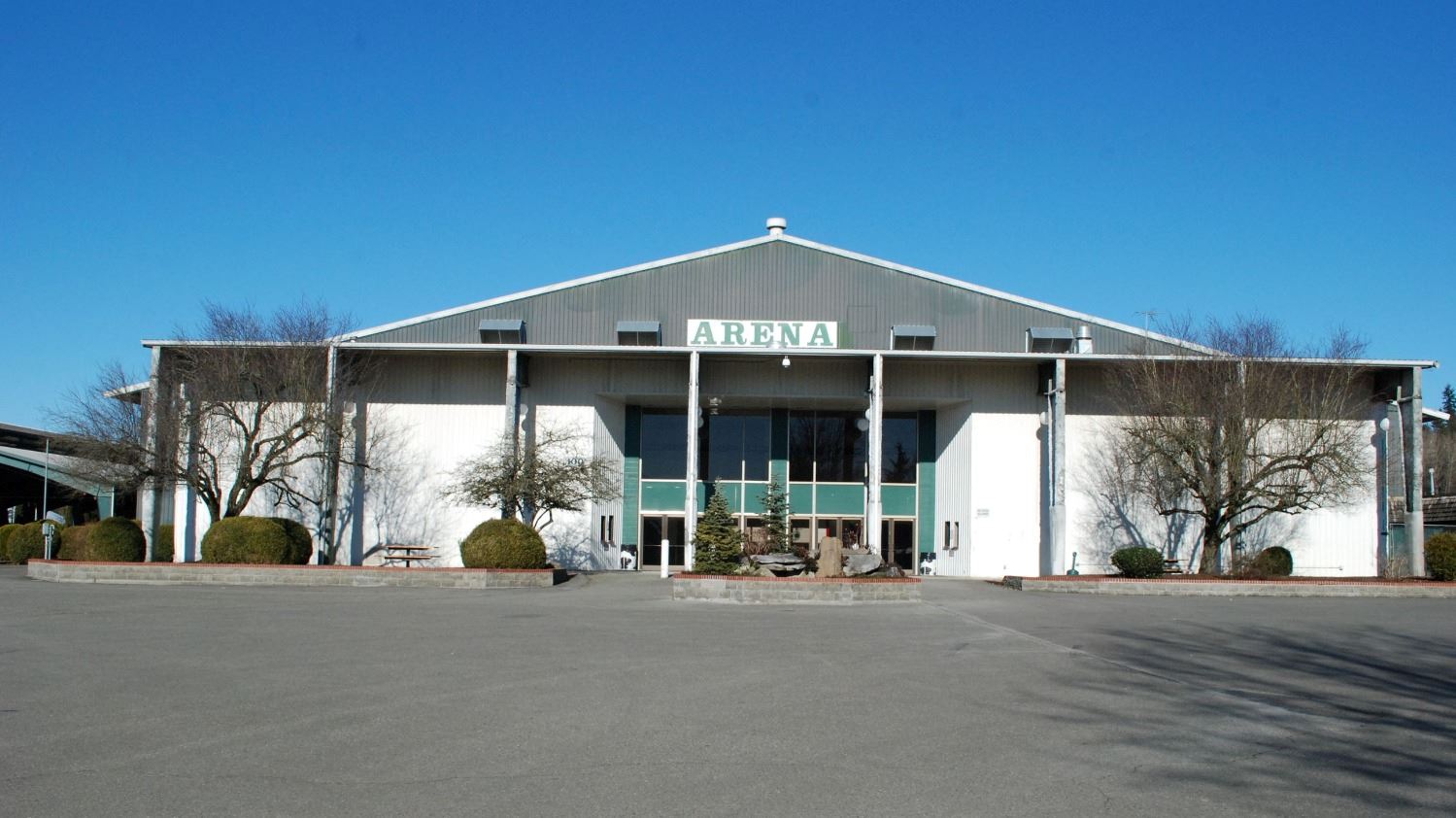 Arena South Entrance showing support columns and high central glass